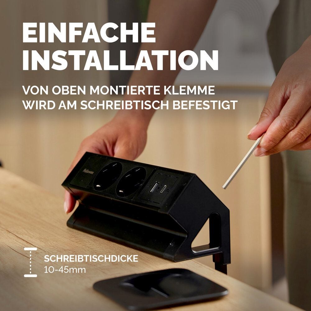 Tischsteckdosenleiste Fellowes Power Desk 2 Type F 2-fach, Tischklemme, 2x Steckdosen (230V), 1x USB-A, 1x USB-C, Kabellänge 2m, schwarz