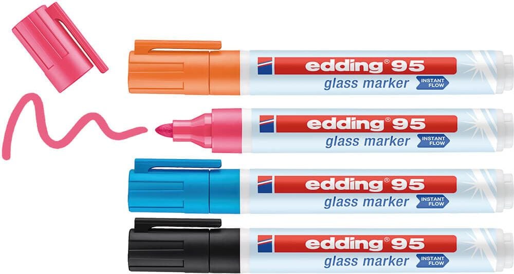 Glasboardmarker Edding 95/4s glass marker, ca. 1,5-3 mm, Rundspitze, Etui 4 Farben
(inkl. schwarz)