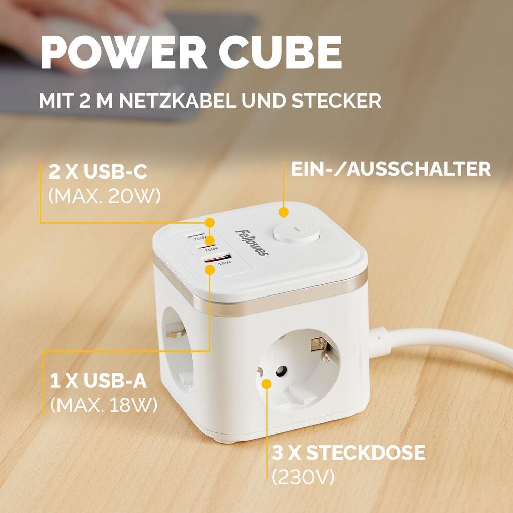Steckdosenwürfel Fellowes Power Cube Type F, 3x Steckdosen, 1x USB-A, 2x USB-C, Kabellänge
2m, Ein-/Ausschalter, weiß