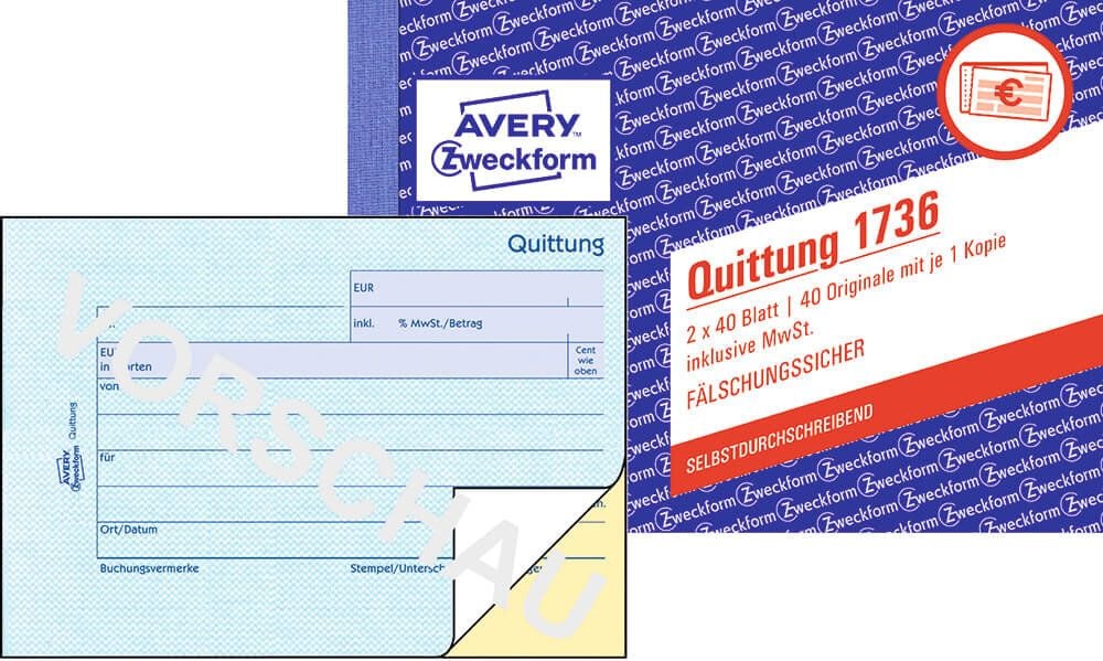 Quittungen Zweckform 1736, DIN A6 quer, selbstdurchschreibend, Block
2x40 Blatt