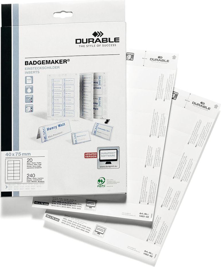 Einsteckschilder Durable BADGEMAKER 1453, 40x75mm, auf A4, Pack 20 Blatt/240 Stück