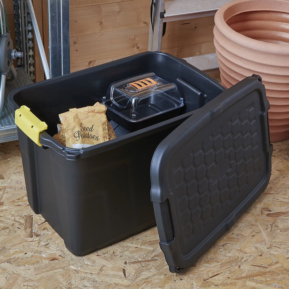 Aufbewahrungsboxen Fellowes Bankers Box 100143943, 60 Liter, Außenmaße: 400x600x400mm (BxTxH), 95% recycelter Kunststoff, Deckel, Spannverschlüsse, schwarz, schwarz