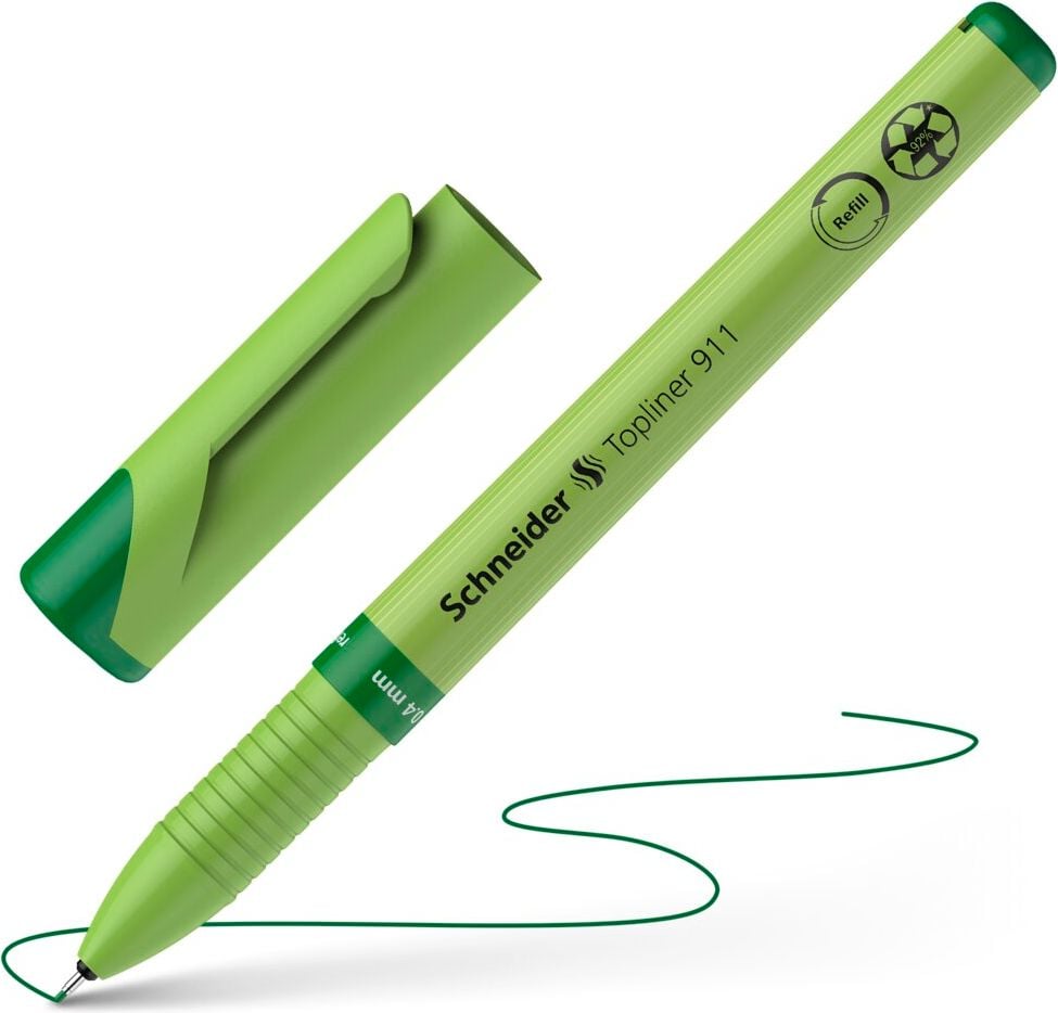 Fineliner Schneider Topliner 911, ca. 0,4mm, metallgefasste Spitze, Kappe mit Clip, nachfüllbar, Gehäuse aus 92% recyceltem Kunststoff, grün