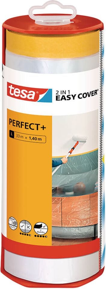 Abdeckfolienabroller Tesa Easy Cover Perfect+ 56571, 140cm x 33m, transparente Folienrolle L
inkl. Malerband im Abroller