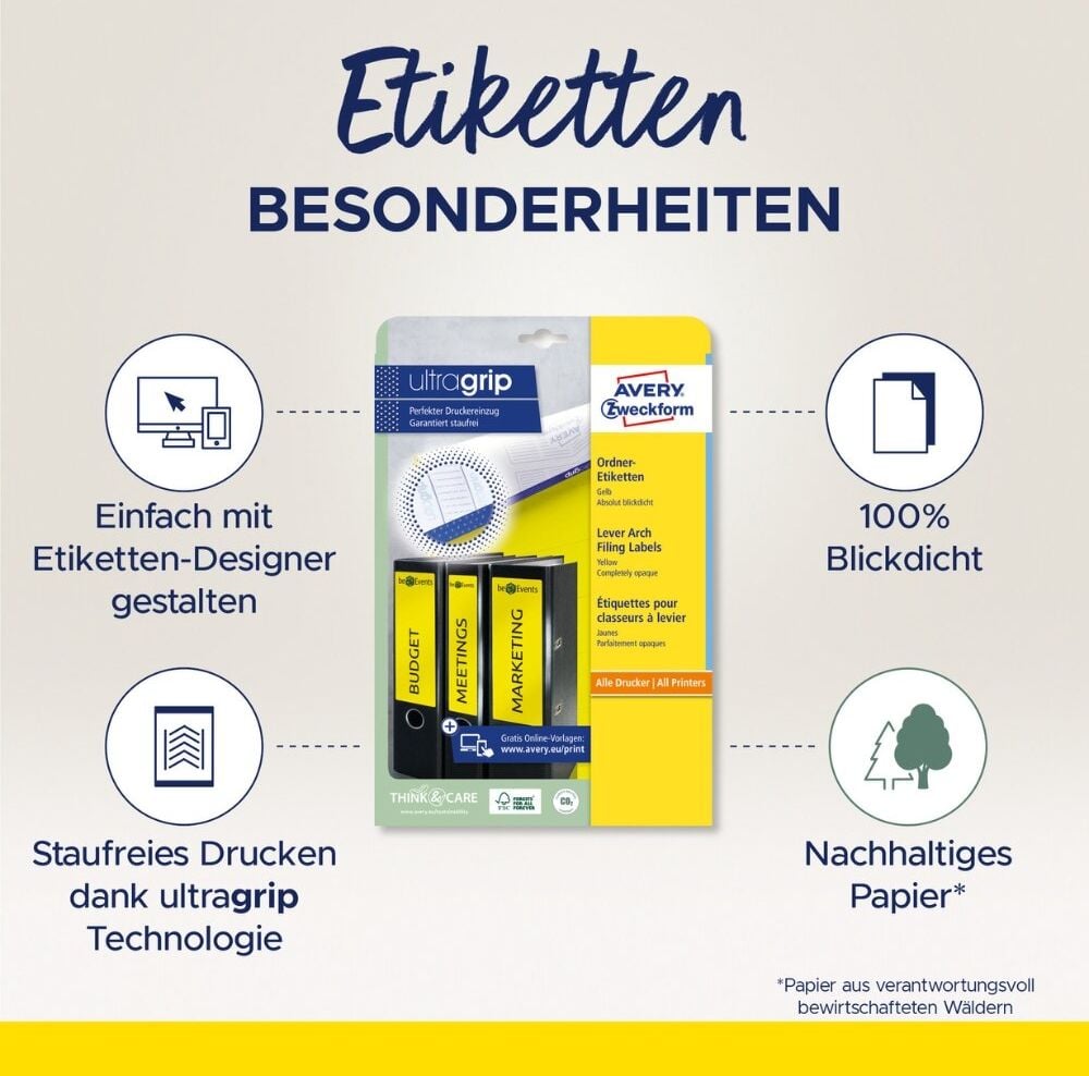 Rückenschilder Zweckform L4765-20 ultragrip, schmal/kurz, 192x38mm, auf A4, gelb, Pack 20
Blatt/140 Stück