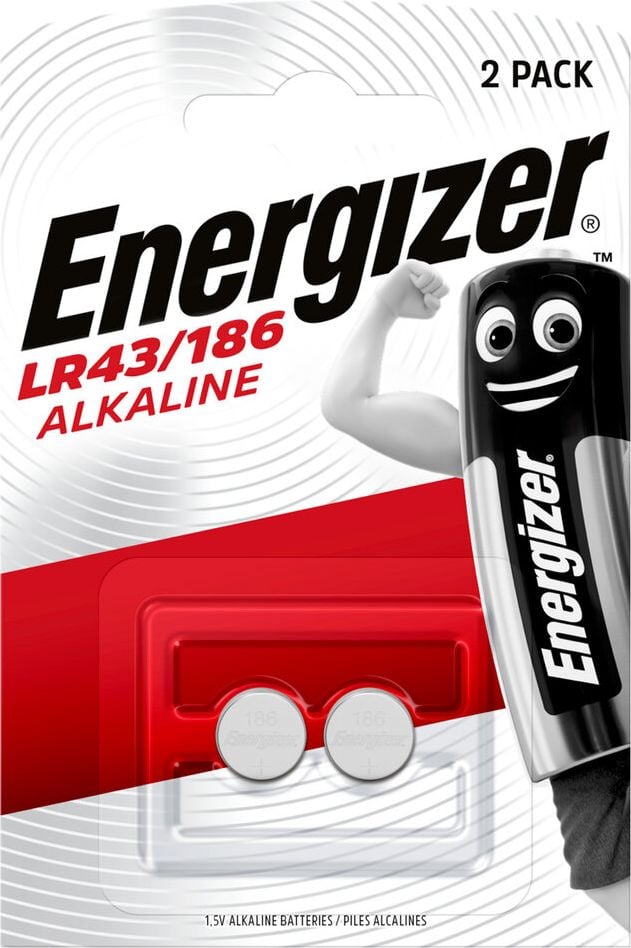 Knopfzellen Energizer Alkali Mangan LR43/186, 1,5 Volt, frei von Quecksilberzusatz, Pack 2
Stück