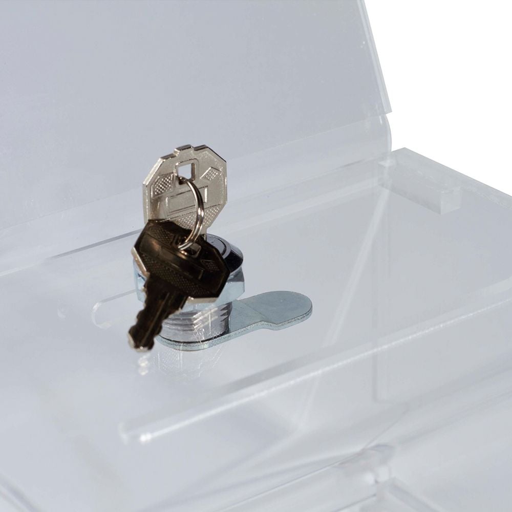 Aktionsboxen/Spendenboxen Exacompta 89358D, Einstecktafel für DIN A6 quer, Einwurfschlitz, Schloss, Acryl, transparent