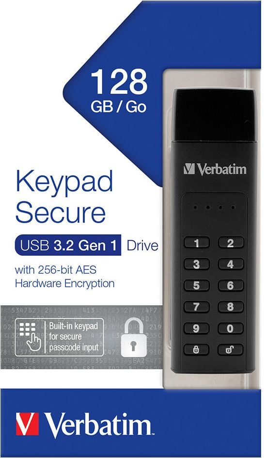 USB-Stick Verbatim Keypad Secure 49429, 128GB, USB 3.2 Gen 1 Typ A, unterstützt AES
256-Bit-Hardware-Verschlüsselung, Tastenfeld
für Zahlenpasswort-Eingabe, schwarz