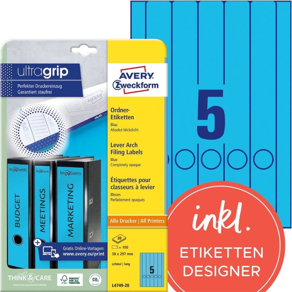 Rückenschilder Zweckform L4749-20 ultragrip, schmal/lang, 297x38mm, auf A4, blau, Pack 20
Blatt/100 Stück