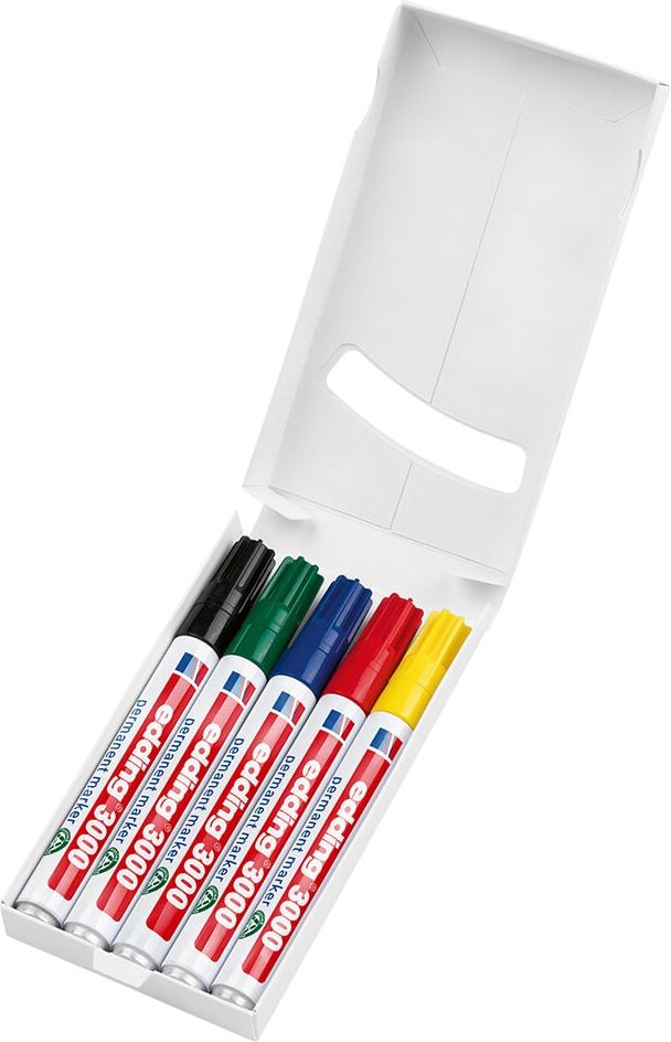 Permanentmarker Edding 3000-5 standard, ca. 1,5-3mm, Rundspitze, Schachtel mit 5
Farben