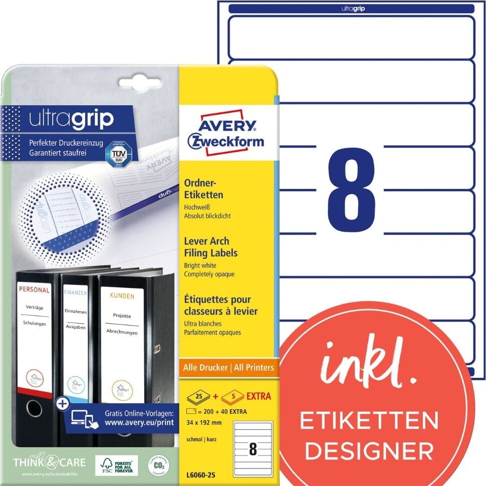 Rückenschilder Zweckform L6060-25 ultragrip, schmal/kurz, 192x34mm, auf A4, weiß, Pack 30
Blatt/240 Stück