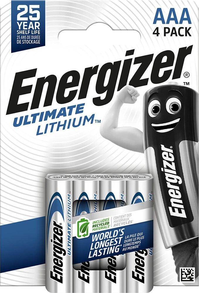 Batterien Energizer Ultimate Lithium Micro (AAA), 1,5 Volt, temperaturbeständig von −40 C bis +60 C, enthält recycelte Materialien, Pack 4 Stück