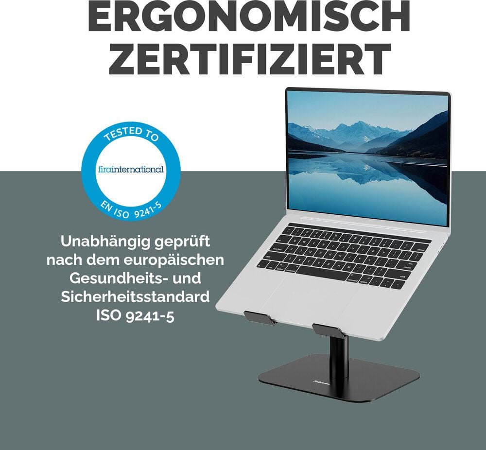 Notebookständer Fellowes Alumia, bis 15 Zoll Notebooks, 15-30cm höhenverstellbar,
neigungsverstellbare Plattform, 96% recyceltes Material, Aluminium, schwarz