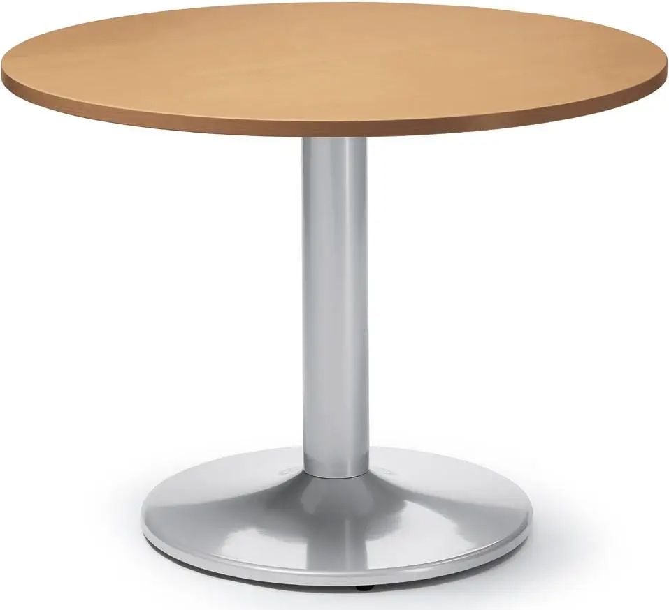 Besprechungstisch Deskin MODUL, 100cm Durchmesser, 73,5cm Höhe, Tellerfuß, Gestell Alusilber RAL 9006, 28kg, nussbaum
