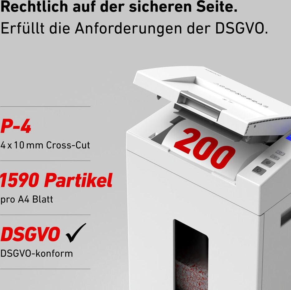 Aktenvernichter Ideal Shredcat 8292 CC P-4 82929111, 4x10mm Partikelschnitt, ca. 200 Blatt bzw. 10 Blatt, 26 Liter Behälter, weiß
