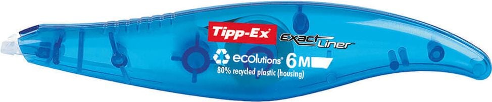 Korrekturroller Tipp-Ex Exact Liner ECOlutions 8104755, 5mm breit/6m lang, blau, Gehäuse aus 80%
recyceltem Kunststoff