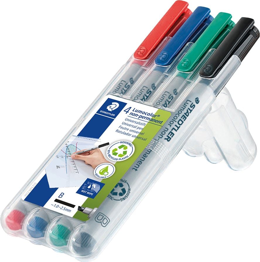 Folienschreiber Staedtler Lumocolor non-permanent pen 312WP4, ca. 1-2,5mm, wasserlöslich, Etui mit 4 Farben