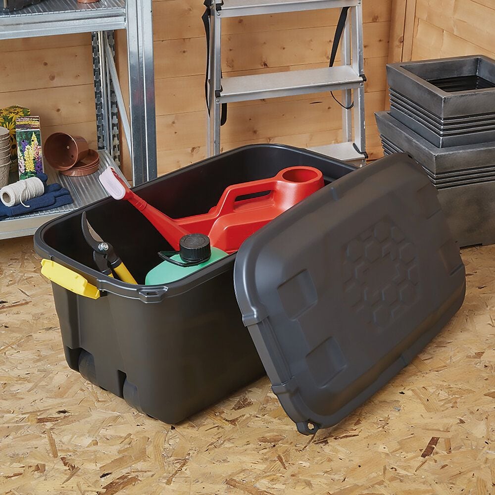 Aufbewahrungsboxen Fellowes Bankers Box 100143944, 75 Liter, Außenmaße: 420x770x400mm (BxTxH), 95% recycelter Kunststoff, Deckel, Spannverschlüsse, Rollen, schwarz, schwarz