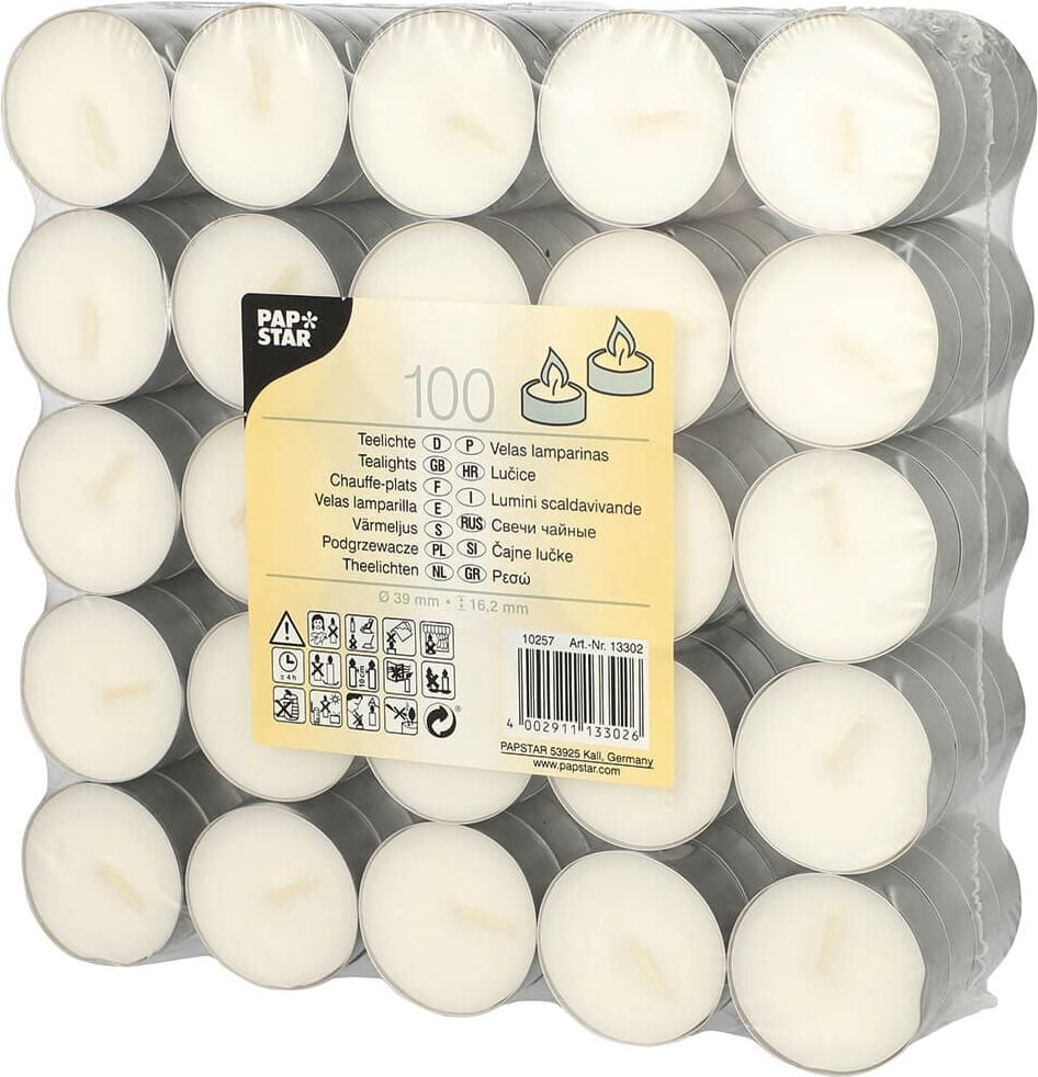 Kerzen Papstar Teelichter STARPAK 13302, 3,9cm Durchmesser, 1,6 cm Höhe, weiß, Alu-Hülle, Pack 100 Stück