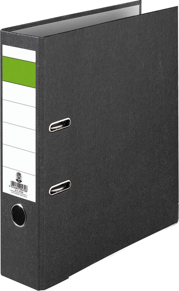Ordner A4 Standard, 80mm, verstärkt, Wolkenmarmor, verstärkt, schwarz, grüner Balken, stabile
Ausführung