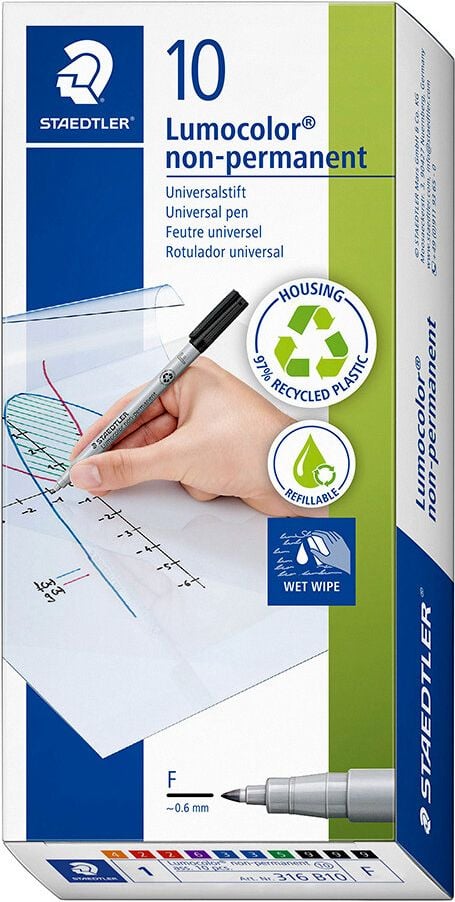 Folienschreiber Staedtler Lumocolor non-permanent pen 316B10, ca. 0,6mm, wasserlöslich, Etui mit 10
Stiften/6 Farben