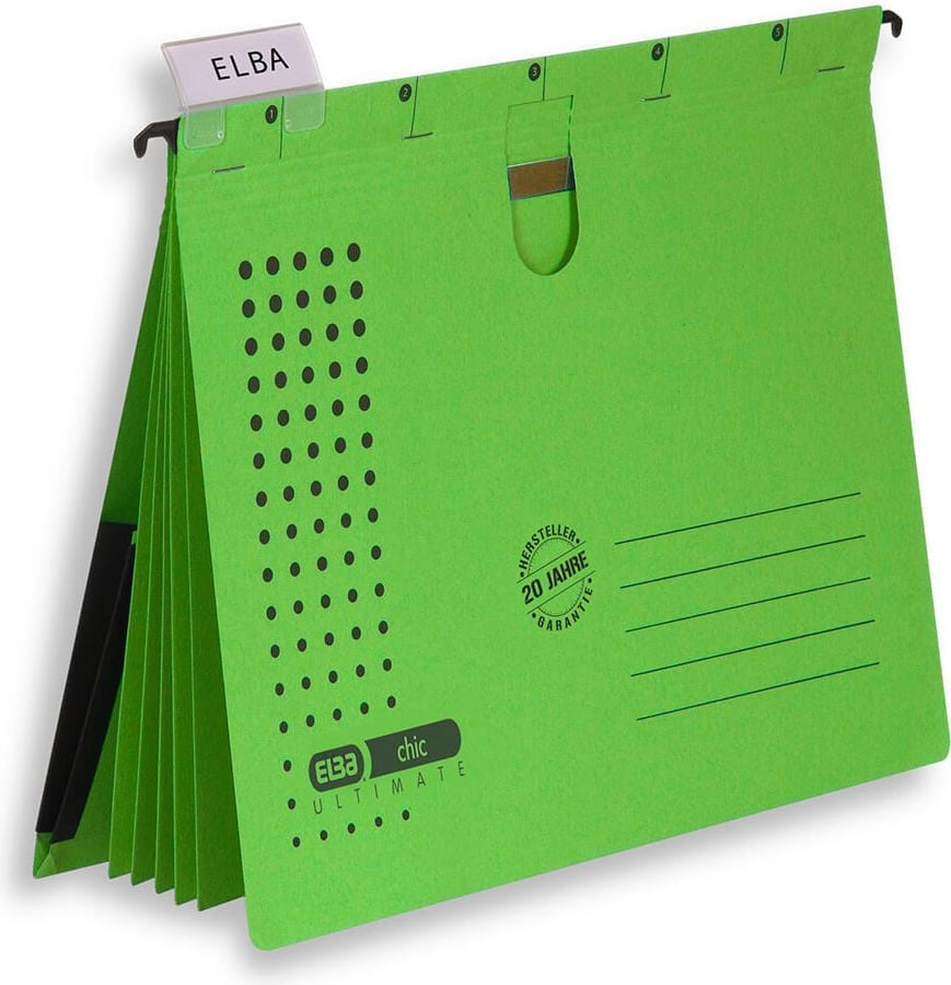 Hängehefter Elba chic ULTIMATE 100333, 5 kaufm. Heftungen, 5 Trennblätter, Tasche,
Kraftkarton (RC), Pack 5 Stück, grün