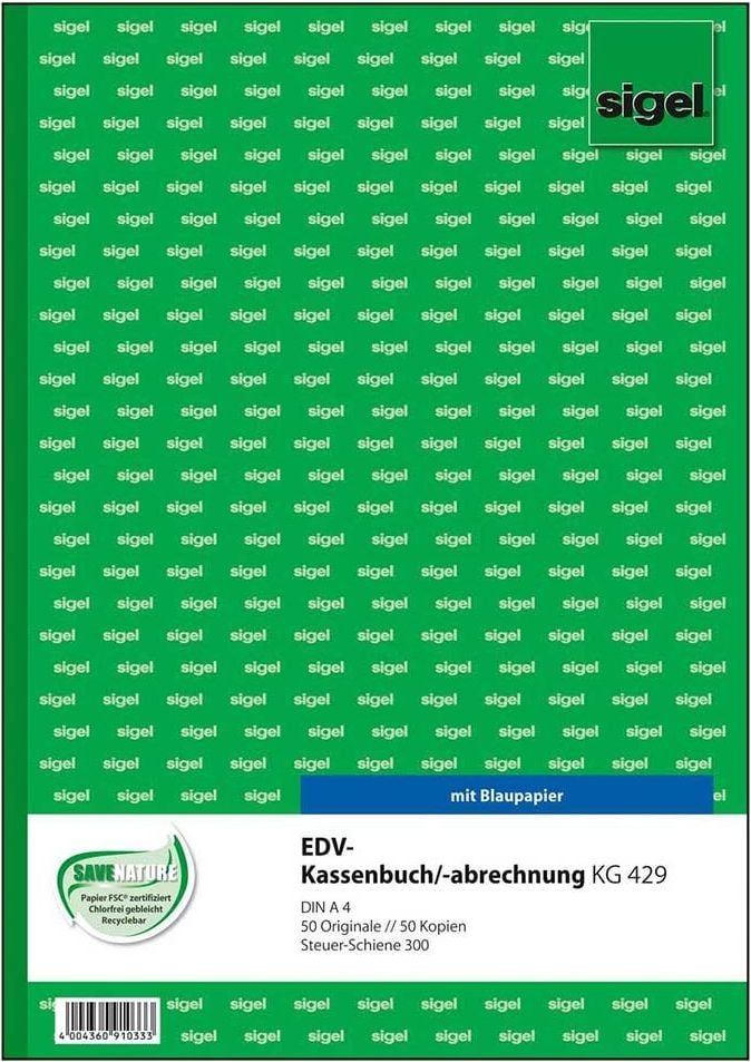 Kassenbuch Sigel KG429, für EDV (Steuerschiene 300), DIN A4, Block
2x50 Blatt