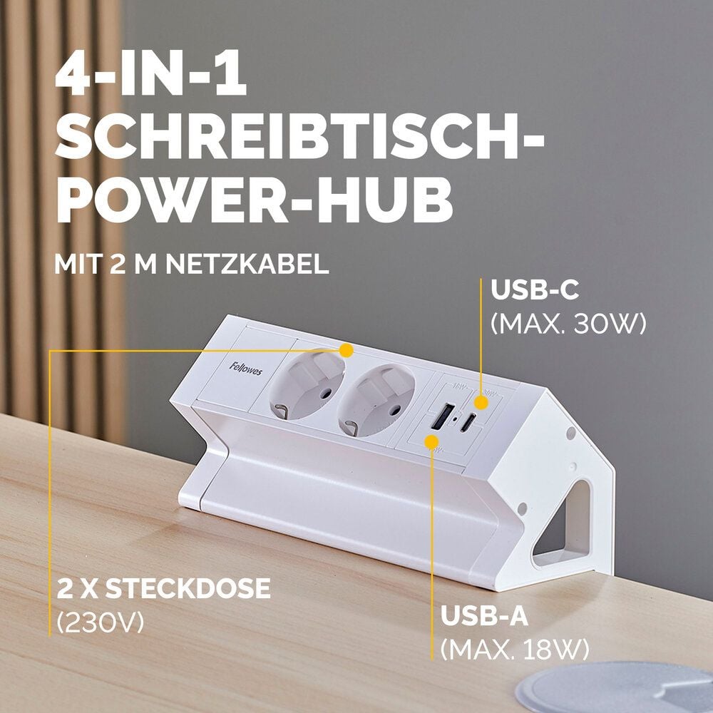 Tischsteckdosenleiste Fellowes Power Desk 2 Type F 2-fach, Tischklemme, 2x Steckdosen (230V), 1x USB-A, 1x USB-C, Kabellänge 2m, weiß