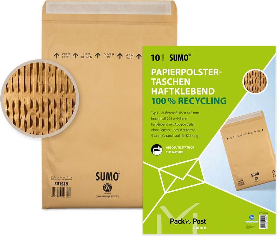 Papierpolstertaschen SUMO SU1519 Gr. 9 / Typ I, Außenmaße: 315x445mm, Innenmaße: 295x445mm,
braun, Pack 10 Stück