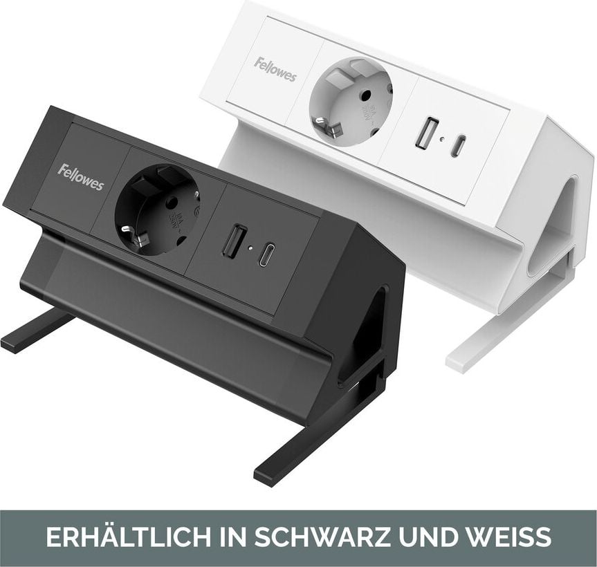Tischsteckdosenleiste Fellowes Power Desk Type F 1fach+2 USB, Tischklemme, 1x Steckdose (230V), 1x USB-A, 1x USB-C, Kabellänge 2m, weiß