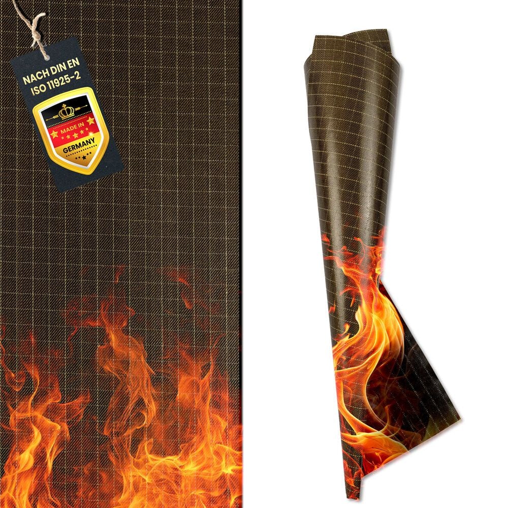 Feuerfeste Unterlage für Elektrogeräte FireMat Gold Edition, 50x50cm, rutschfest beschichtet, für Outdoor
und Indoor, TÜV bescheinigt NACH DIN EN ISO
11925-2