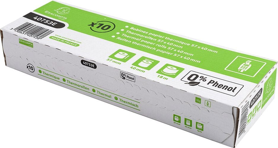Thermorollen Exacompta 40753E 57mm x 40mm x 18m, 12mm Kerndurchmesser, für Kartenzahlung, ohne
Text, phenolfrei, Pack 10 Rollen