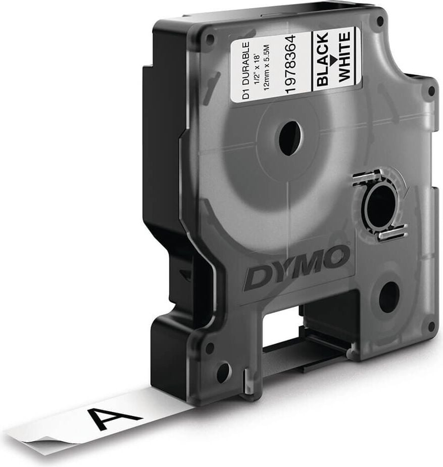 Schriftbänder Dymo D1 1978364, schwarz auf weiß, 12mm/5,5m, Vinylband