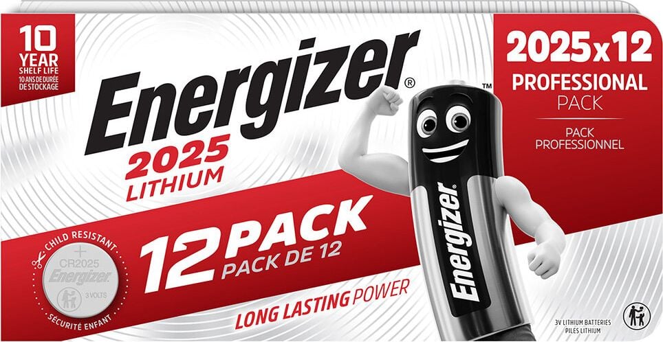 Knopfzellen Energizer Lithium CR2025, 3 Volt, frei von Quecksilberzusatz, Pack 12 Stück