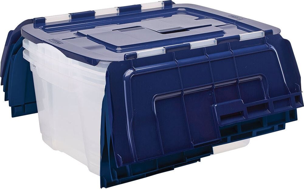 Aufbewahrungsboxen Bankers Box Tote Box with hinged Lid, 45 Liter, Außenmaße: 590x430x280mm (BxTxH), PP 100% BPA-frei, geteilter Deckel, transparent/blau