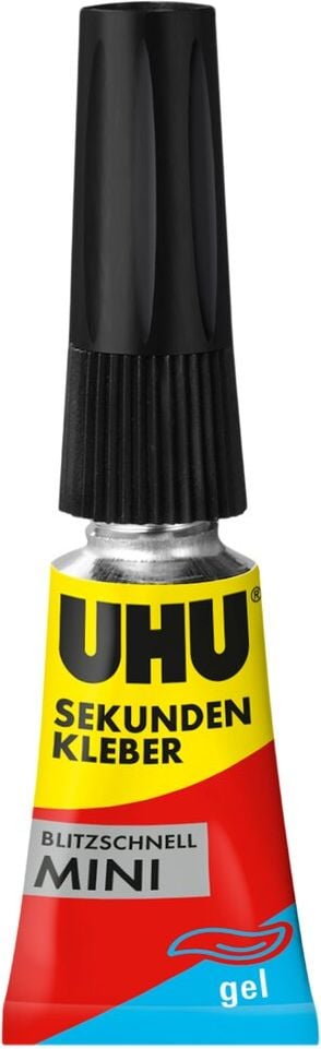 Klebstoff UHU Sekundenkleber blitzschnell Minis 45370, 3 Tuben à 1g, Gel, extra stark,
spülmaschinenfest, wasserresistent, inkl.
100% Recycling-Kunststoffbox