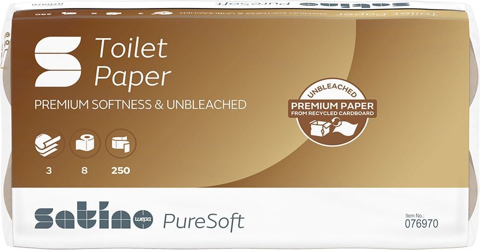 Toilettenpapier Satino by WEPA PureSoft 076970, für Spendersystem MT1, Recyclingpapier, Waffelprägung, 3-lagig, soft beige, Pack 8 Rollen à 250 Blatt, Ecolabel, FSC, Blauer Engel