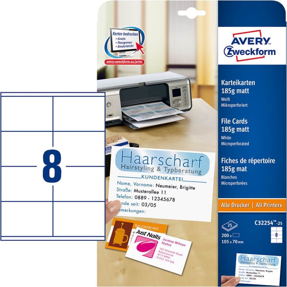 Karteikarten Zweckform C32254-25, 105x70mm, auf A4, blanko, weiß, 185 g/m²,
Pack 25 Blatt/200 Stück
