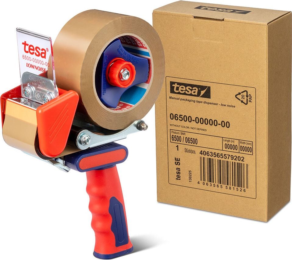 Packbandabroller Tesa Low Noise 06500-00000-00, Handabroller, bis 50mm/132m, ohne Rolle, rot/blau