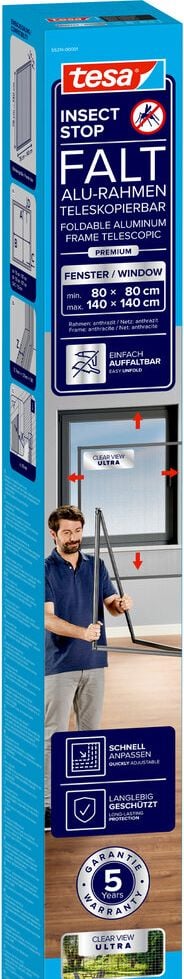 Fliegengitter Tesa INSECT STOP FALT Alurahmen 55214, 80x80cm bis 140x140cm, für Fenster, teleskopierbarer Faltrahmen mit Fliegengitter und Halterung, anthrazit
