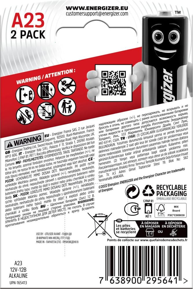 Batterien Energizer Alkali Mangan A23, 12 V, frei von Quecksilberzusatz, Pack 2
Stück