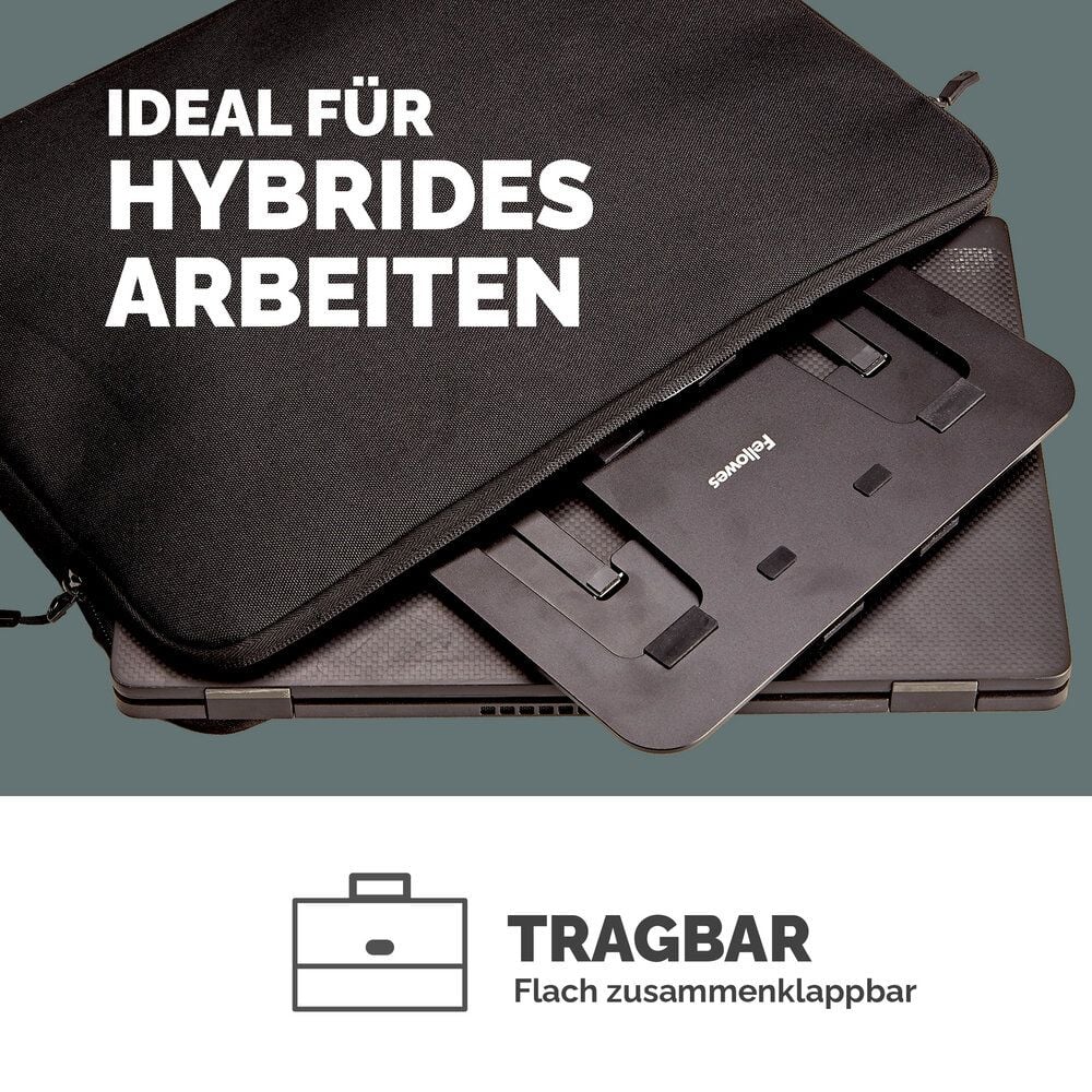 Notebookständer Fellowes Alumia, bis 15 Zoll Notebooks, flach zusammenklappbar,
6 stufig höhenverstellbar, 93% recyceltes Material, Aluminium, schwarz