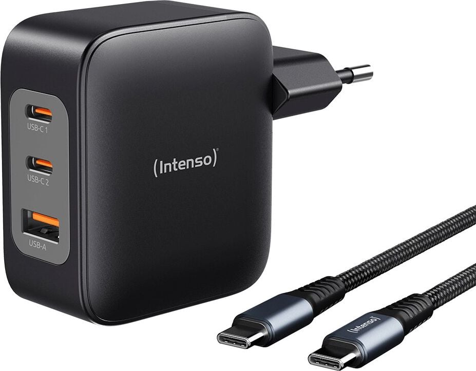 Ladegerät Intenso Power Adapter Set GaN 100 W W100ACC+C520C, 2x USB-C Ausgänge, 1x USB-A Ausgang, 100
Watt, schwarz