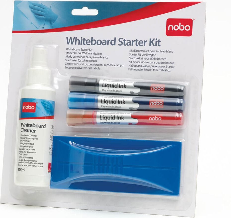 Tafel-Starter-Set Nobo Whiteboard Starter Kit 34438861, 3 Marker, Tafelwischer, Löschpapier,
Reinigungsspray