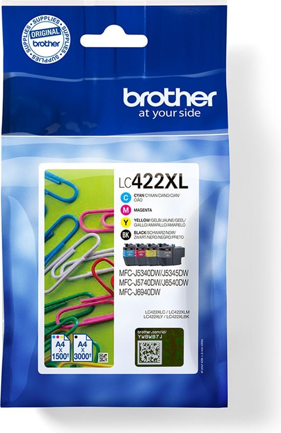 Brother Tintenpatrone LC-422XLVAL, Multipack, 1x schwarz 3.000 Seiten, je 1x
magenta, cyan und yellow (je 1.500 Seiten)