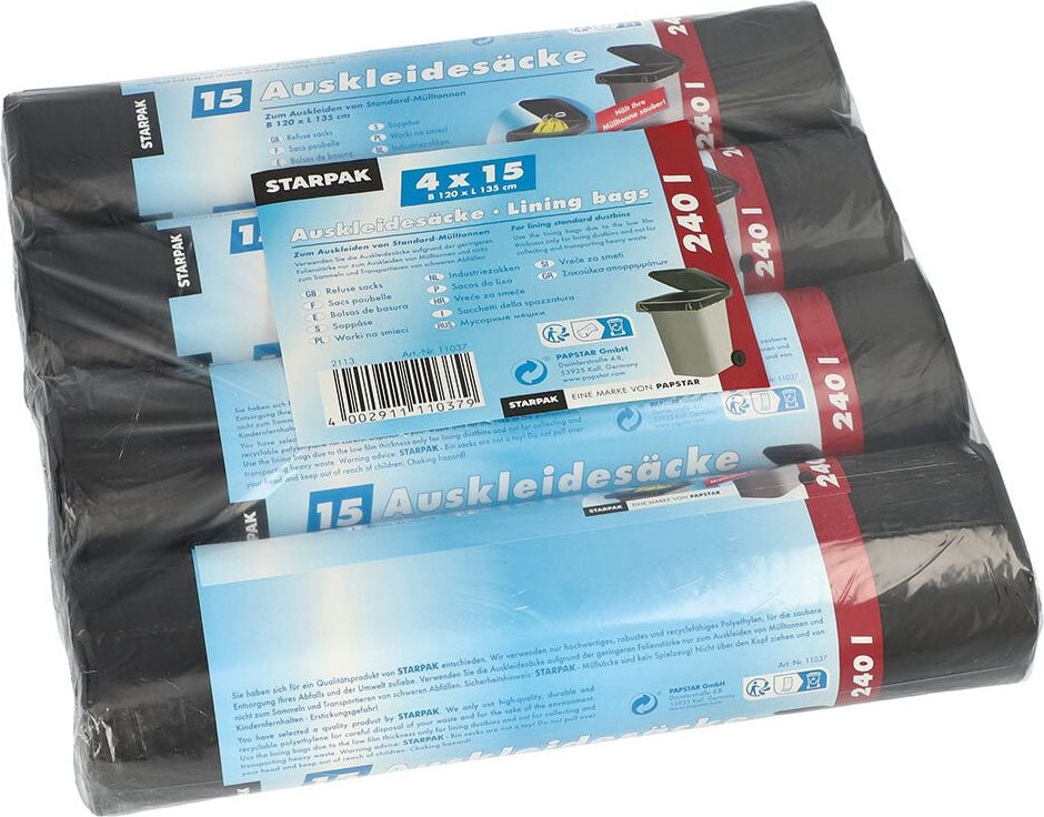Müllsäcke Papstar Mülltonnen Innensäcke 11037, 135x120cm, LDPE, 240 Liter, schwarz, Pack 60 Stück (4 Rollen à 15 Stück), schwarz