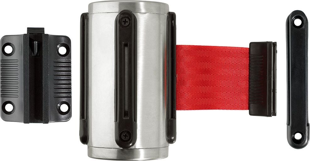 Gurtständer-Wandkassette Alco 8100, Edelstahl gebürstet, farbiger Gurt (300 cm),
2-fach Gurtaufnahme, rot