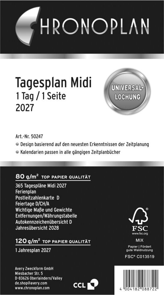 Terminplaner-Einlagen Chronoplan Midi Tagesplan 50247, 1 Tag/1 Seite