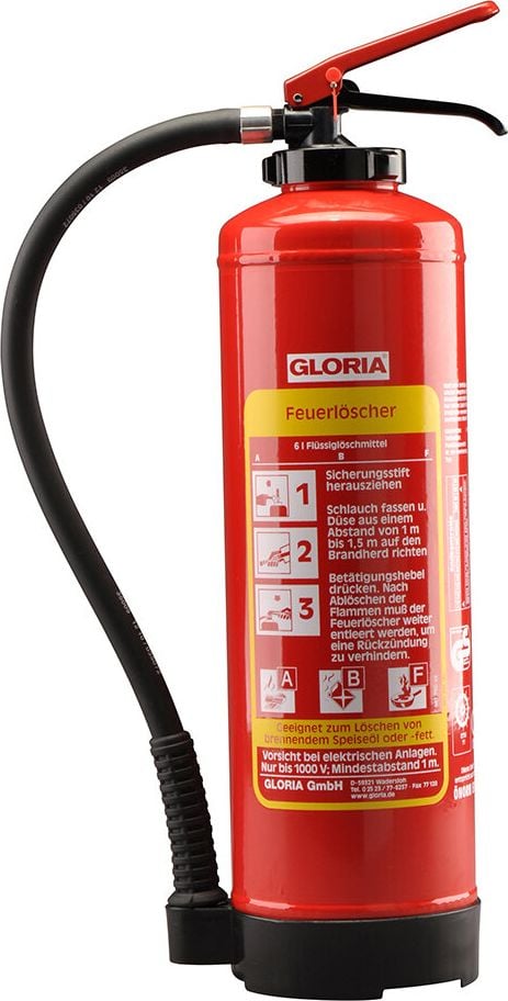Fettbrand-Aufladefeuerlöscher Gloria FA 6 EASY, 6 Liter Fettbrandlöschmittel, 13A, 75F,
frostsicher, mit Wandhalter