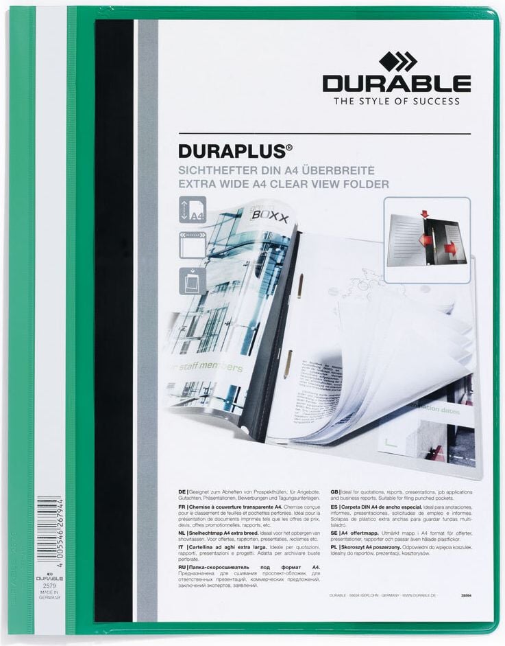 Schnellhefter Durable DURAPLUS A4 Überbreite 2579, Hartfolie, transparenter Vorderdeckel, 2
Innentaschen, grün